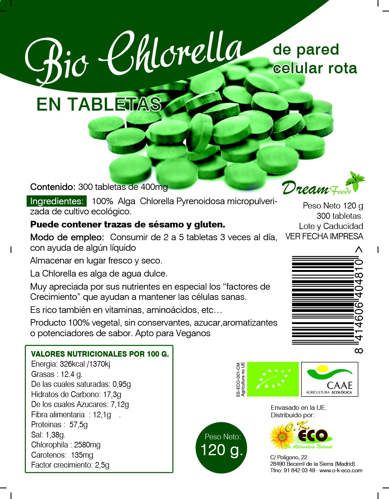 Alga Spirulina Bio 300 tab. 400 mg. Dream Food